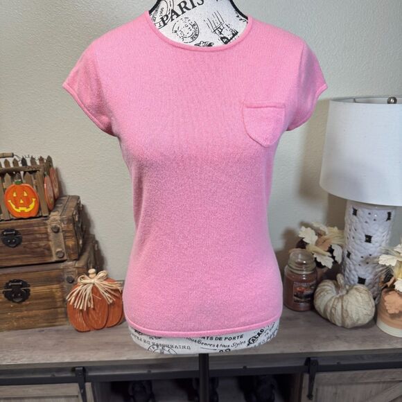 Vintage Express Pink Short Sleeve Cashmere Pocket Sweater Sz M Y2k 90's Coquette - Picture 1 of 8